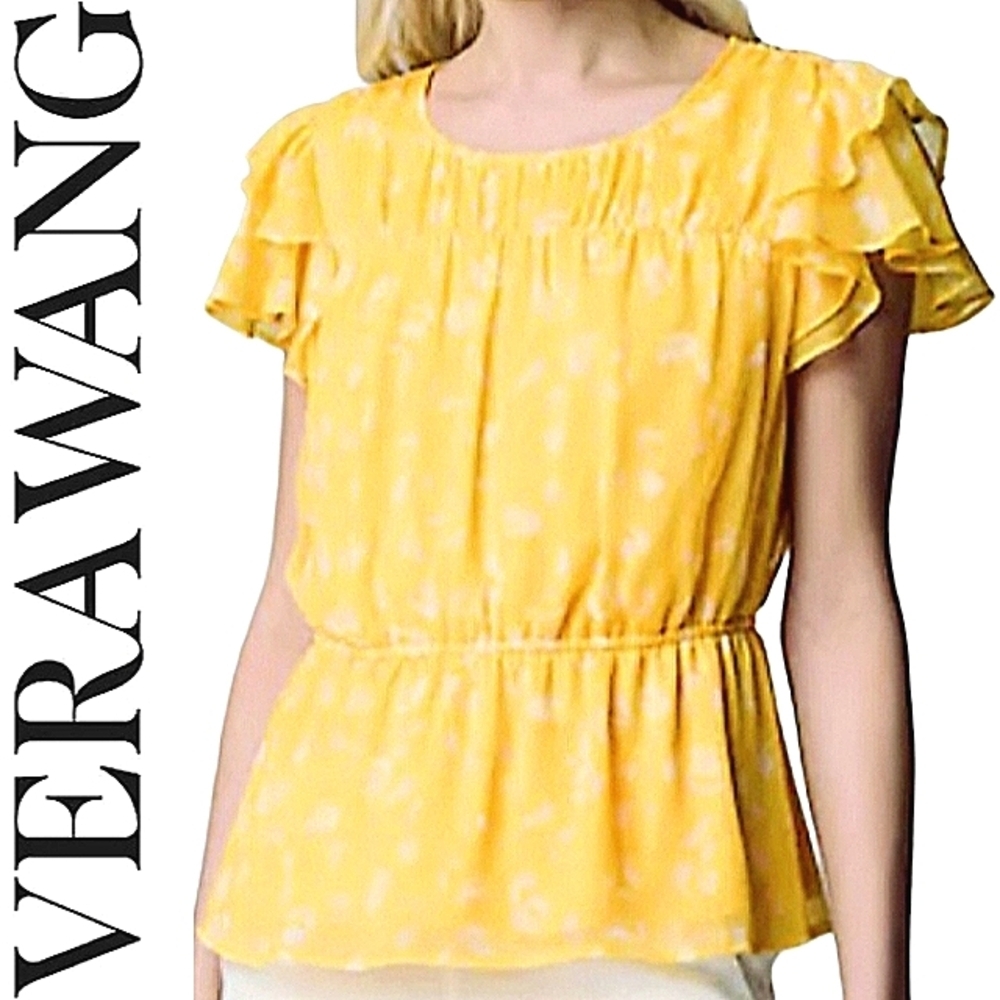Vera Wang Ruffle Sleeve Peplum Blouse Scoop Neck Top
